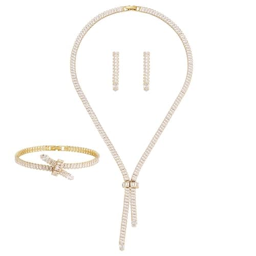 Crystal Jewelry Set for Women: 18K White Plated Cubic Zirconia Tassel Earring Necklace Bracelet