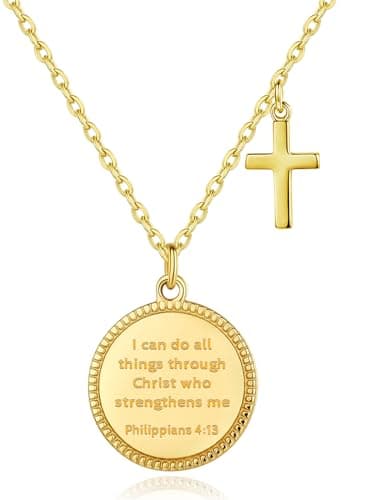 Christian Bible Verse Cross Necklace for Women: 14K Gold Plated Prayer Faith Pendant