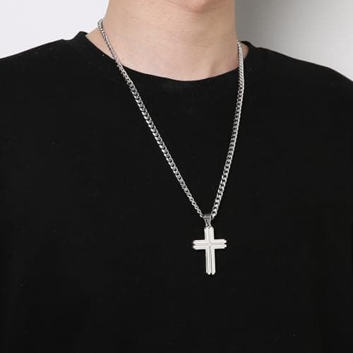 Stainless Steel Double Layer Cross Necklace for Men with 24Inch Cuban Chain