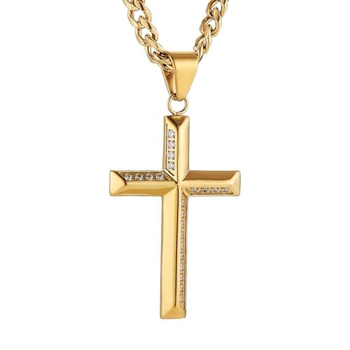 Stainless Steel Cross Necklace for Men with Cubic Zirconia Inlay and Cuban Chain