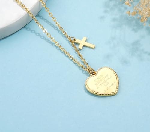 Christian Bible Verse Cross Necklace for Women: 14K Gold Plated Prayer Faith Pendant