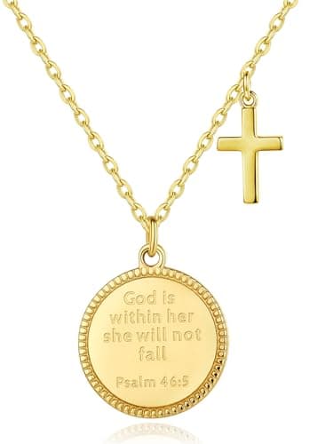 Christian Bible Verse Cross Necklace for Women: 14K Gold Plated Prayer Faith Pendant