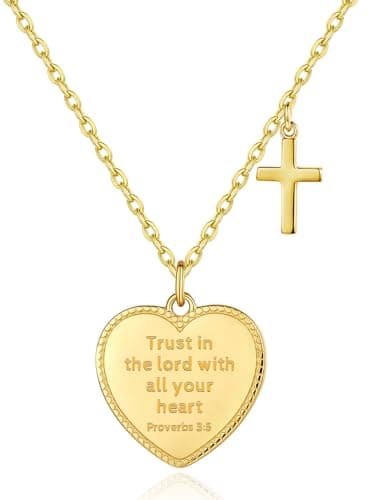Christian Bible Verse Cross Necklace for Women: 14K Gold Plated Prayer Faith Pendant