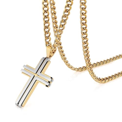Stainless Steel Double Layer Cross Necklace for Men with 24Inch Cuban Chain
