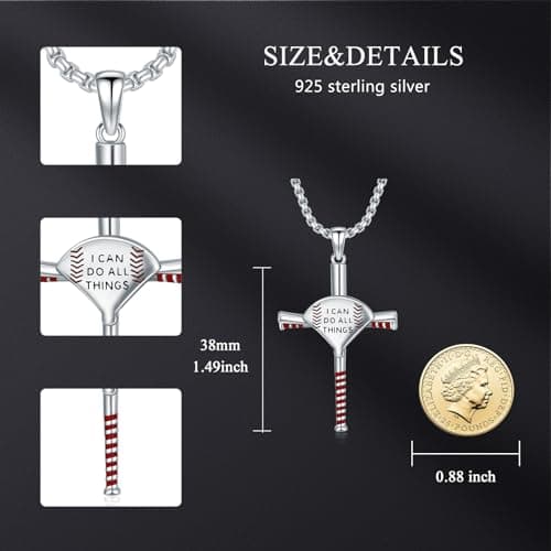925 Sterling Silver Baseball Cross Necklace for Baseball Players