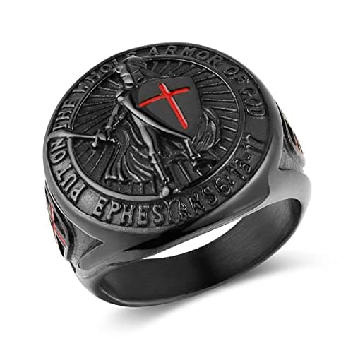 Knights Templar Men's Stainless Steel Ring with Red Cross Design