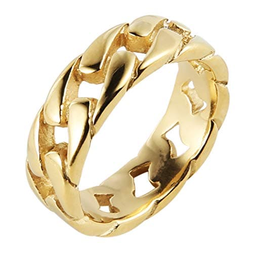 Stainless Steel 7mm Wide Band Cuban Link Chain Ring, 5 Colors