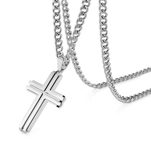 Stainless Steel Double Layer Cross Necklace for Men with 24Inch Cuban Chain