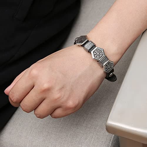 HZMAN Leather Braided Viking Bracelet Vegvisir Compass Wristband (Black)