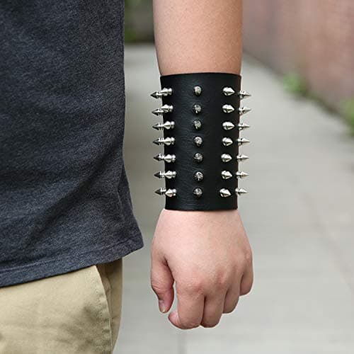 HZMAN Black Metal Spike Studded Leather Bracelet