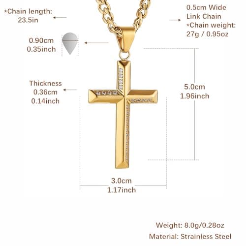 Stainless Steel Cross Necklace for Men with Cubic Zirconia Inlay and Cuban Chain