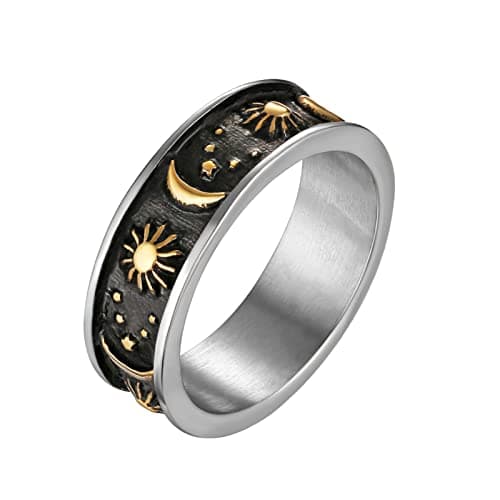 HZMAN Stainless Steel Moon Star Sun Statement Ring for Women Men