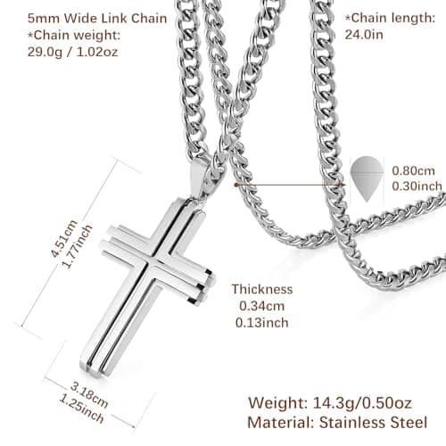 Stainless Steel Double Layer Cross Necklace for Men with 24Inch Cuban Chain
