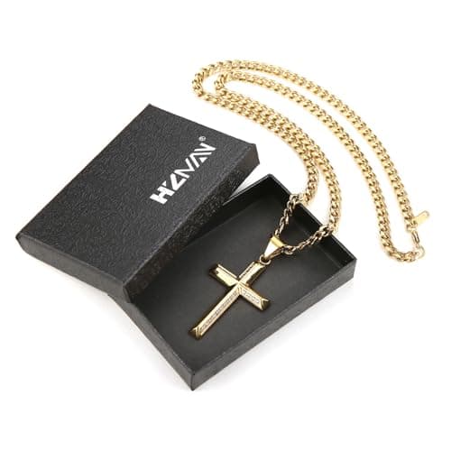 Stainless Steel Cross Necklace for Men with Cubic Zirconia Inlay and Cuban Chain