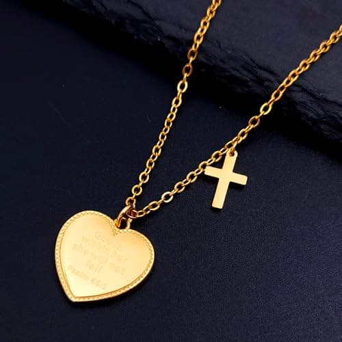 Christian Bible Verse Cross Necklace for Women: 14K Gold Plated Prayer Faith Pendant