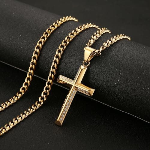 Stainless Steel Cross Necklace for Men with Cubic Zirconia Inlay and Cuban Chain