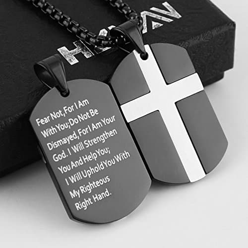 HZMAN Stainless Steel Cross Dog Tag Necklace - Isaiah 41:10 Bible Verse