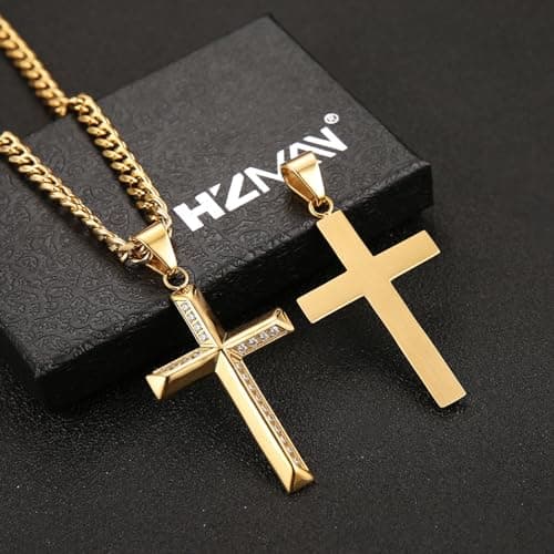 Stainless Steel Cross Necklace for Men with Cubic Zirconia Inlay and Cuban Chain