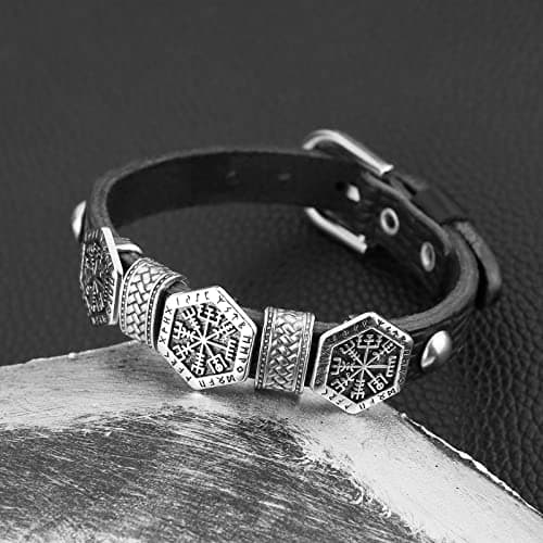 HZMAN Leather Braided Viking Bracelet Vegvisir Compass Wristband (Black)