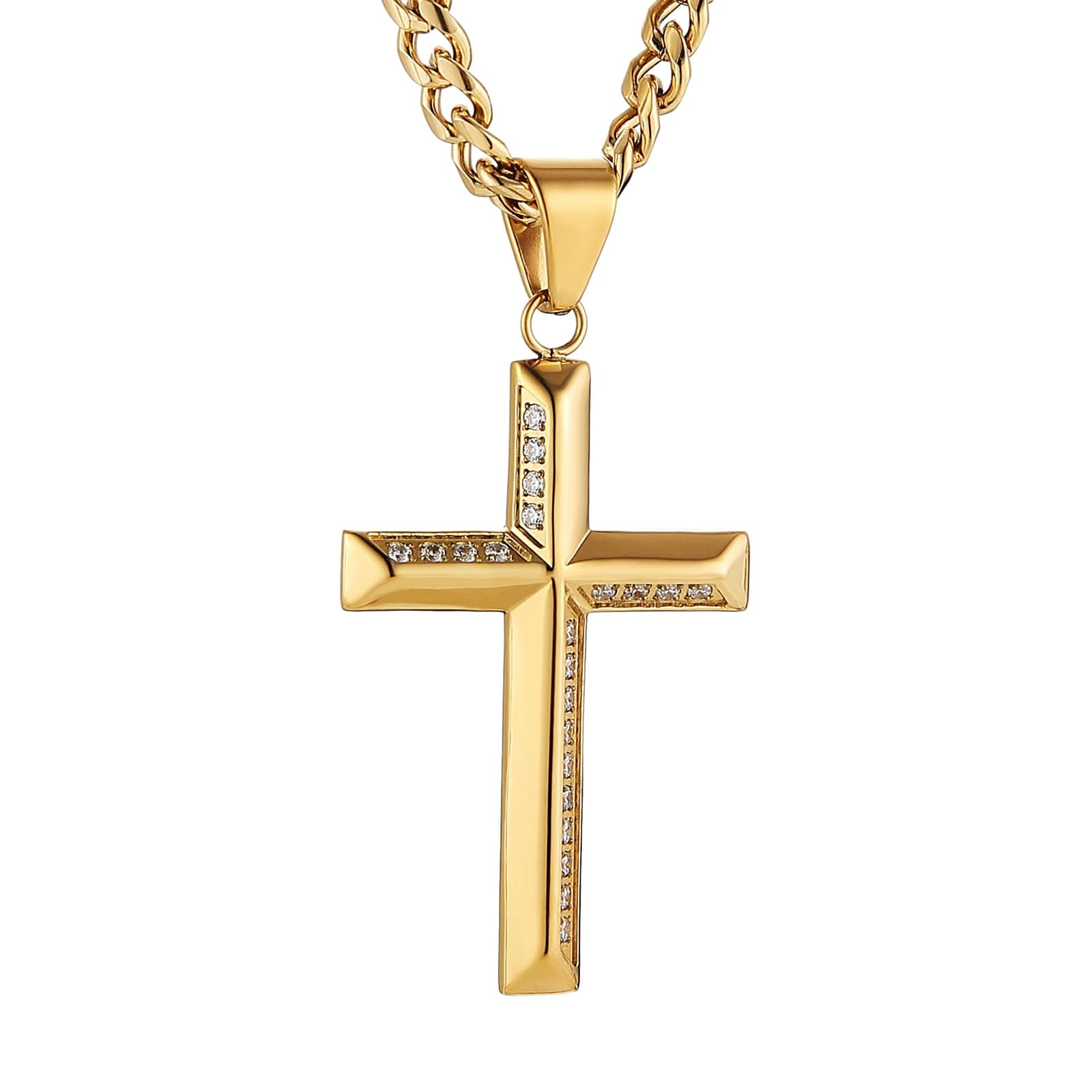 Stainless Steel Cross Necklace for Men with Cubic Zirconia Inlay and Cuban Chain