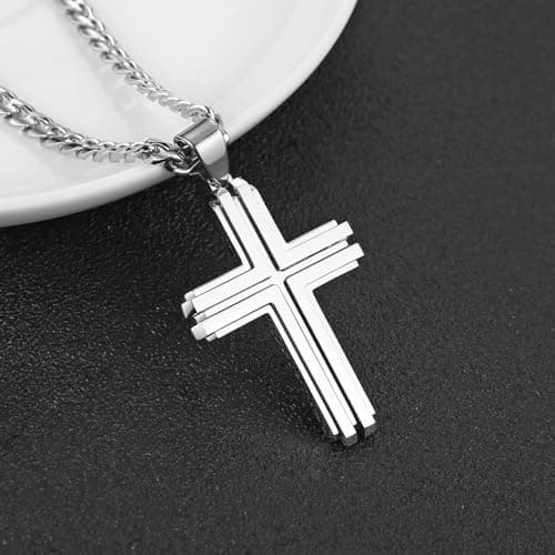 Stainless Steel Double Layer Cross Necklace for Men with 24Inch Cuban Chain