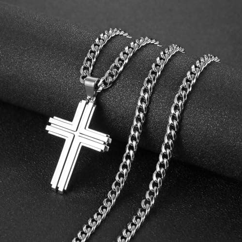 Stainless Steel Double Layer Cross Necklace for Men with 24Inch Cuban Chain