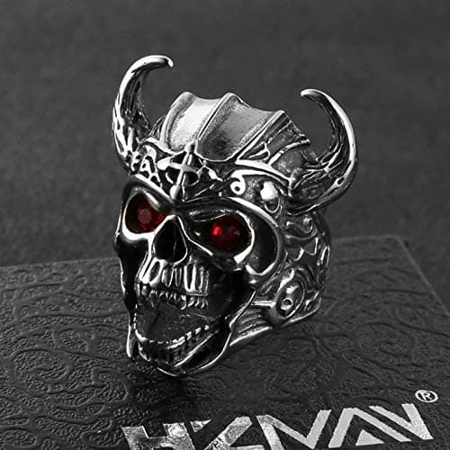 HZMAN Men's Stainless Steel Gothic Skull Ring Warrior Ring with Red Eyes